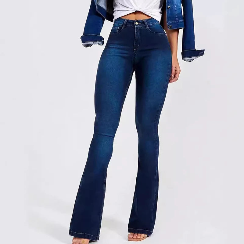 Spring new high-waisted slim-fit stretch bell-bottomed jeans for women