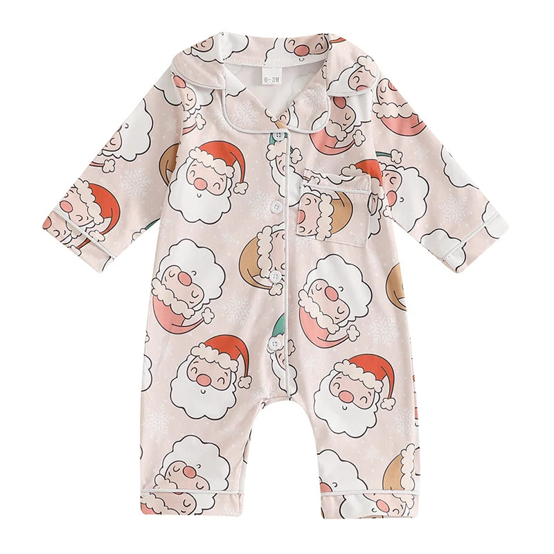 Kids Christmas Jumpsuit, Santa Print Long Sleeve Pajamas