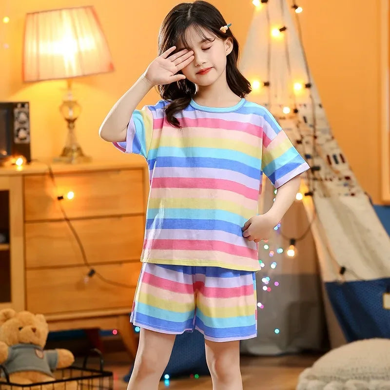 2-10 Years Kids PJs, Cotton Summer Pajama Set for Boys & Girls, Short Sleeves Sleepwear