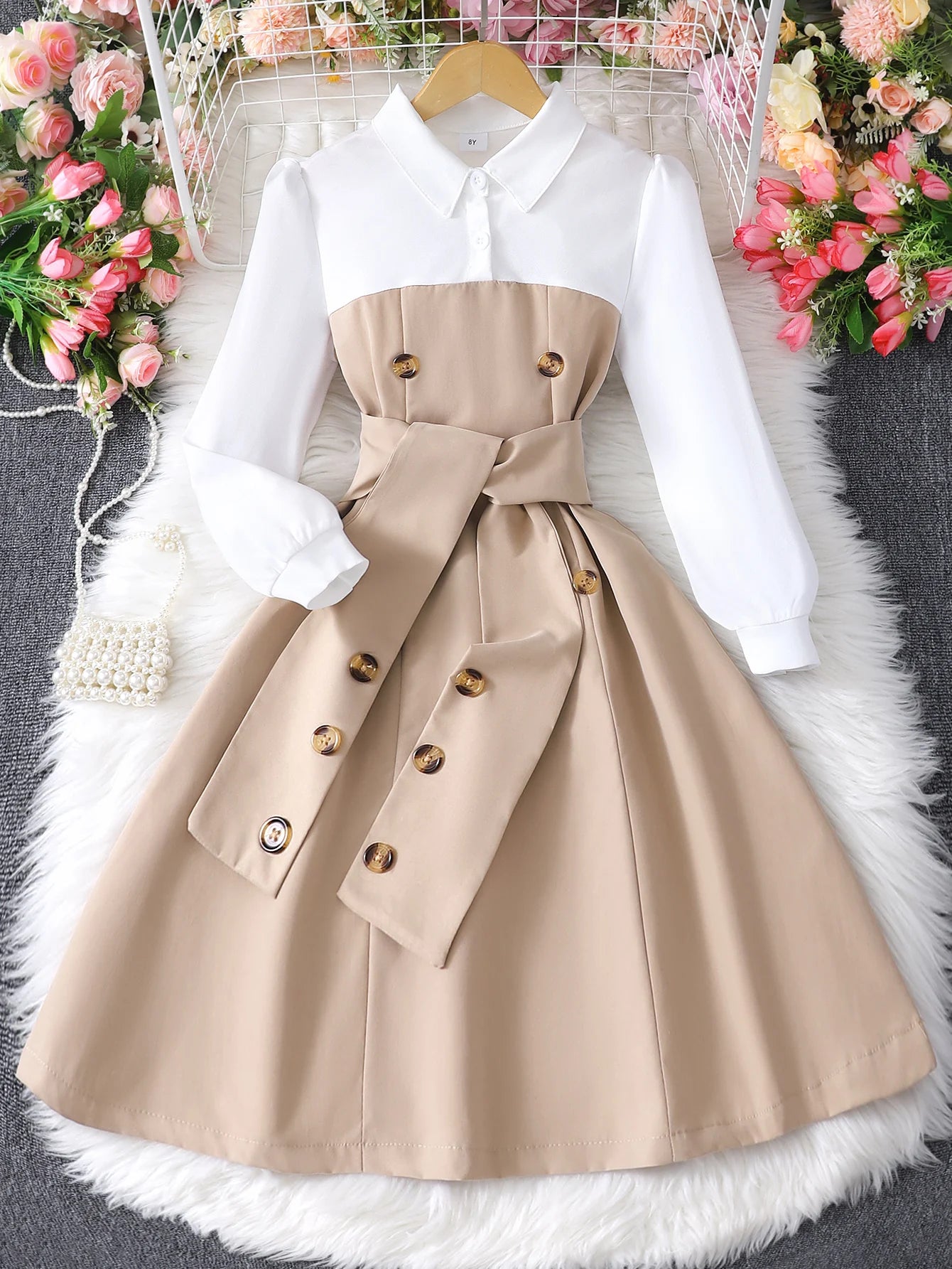 Girls' long sleeved lapel button patchwork contrasting dress