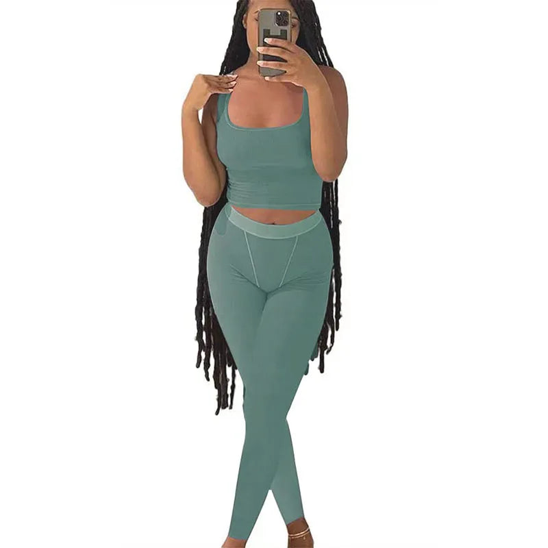 Women’s Casual Workout Set, Ribbed Crop Tank & High Waist Yoga Leggings