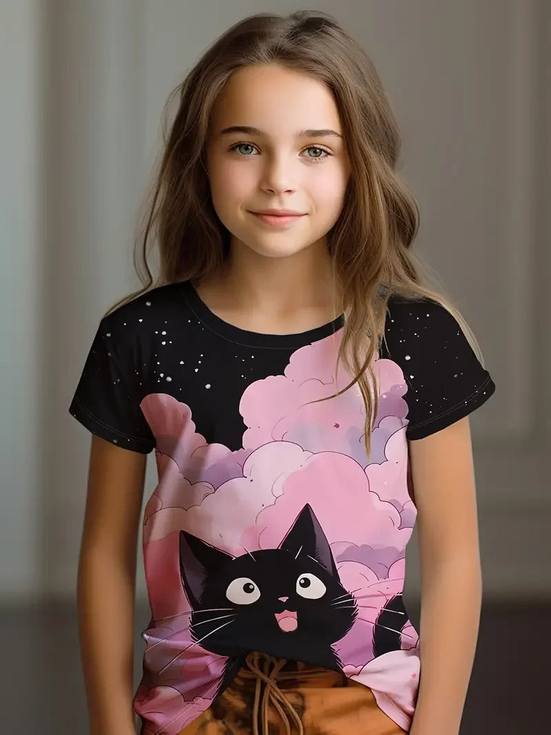 Kids T-Shirt, Cartoon Cat Kawaii Short Sleeve Top, Girls Summer Clothes