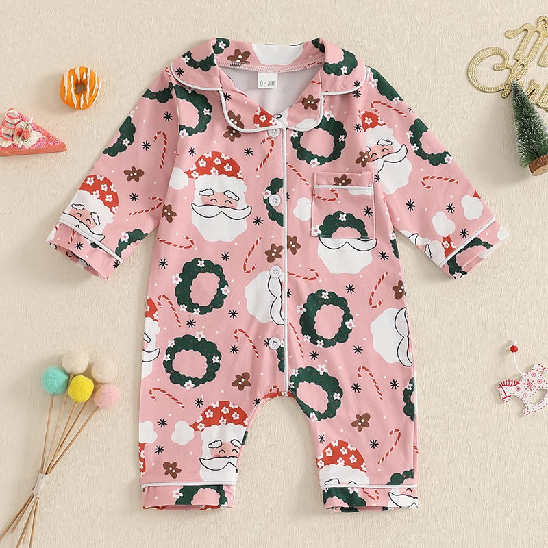 Kids Christmas Jumpsuit, Santa Print Long Sleeve Pajamas