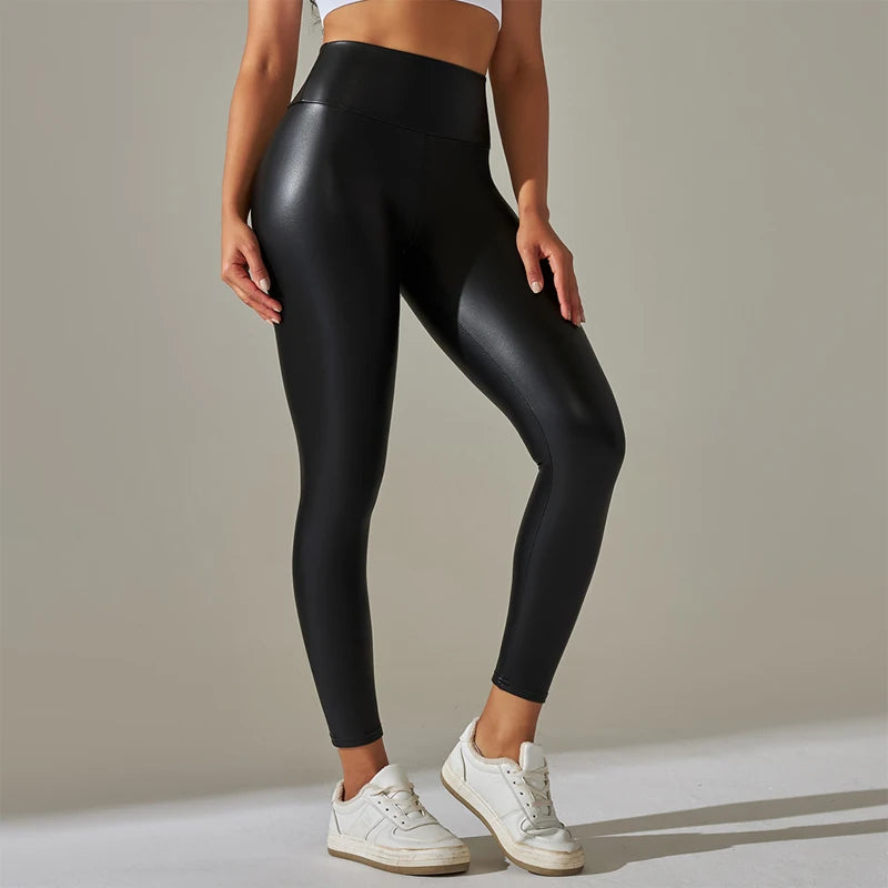 Trendy Oversized Women’s High-Waisted PU Leather Leggings, Colorful Yoga Pants