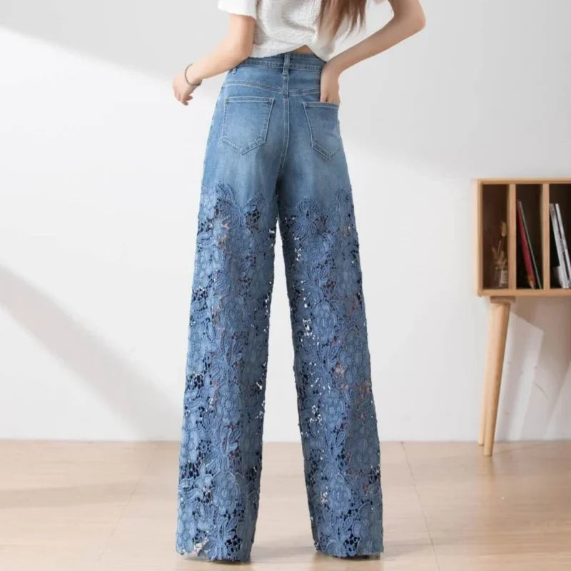 High Waist Lace Patchwork Jeans, Oversized Loose Casual Pants for Women