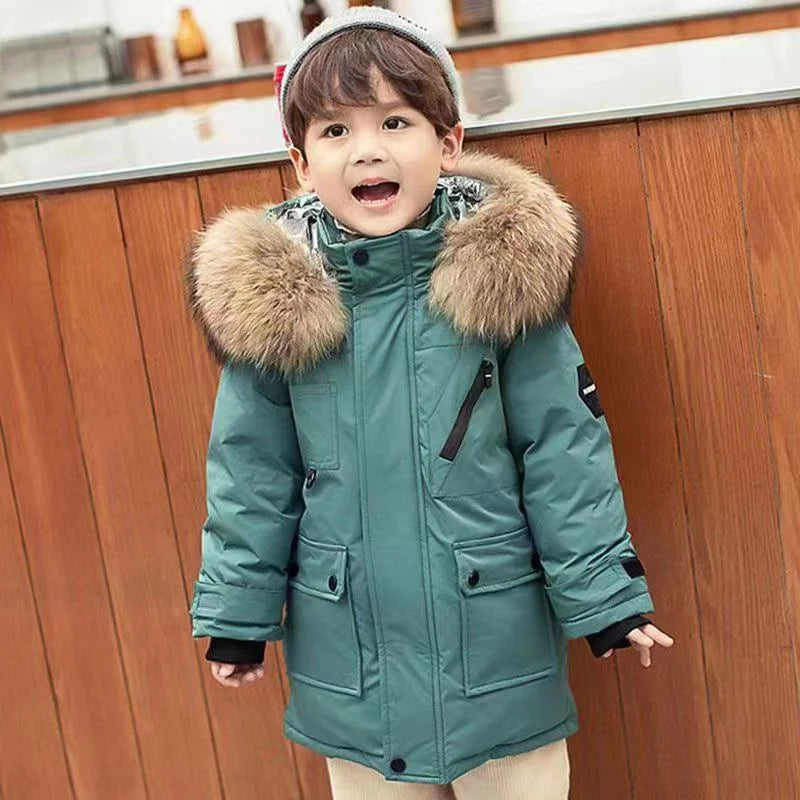Boys Cotton Down Coats, Winter Hooded Jackets, Large Fur Collar, Casual Parkas
