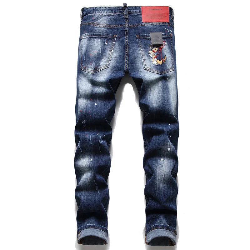 Indigo Blue Multi-Hole Denim, Hand-Painted, Worn-Out, Brushed Details