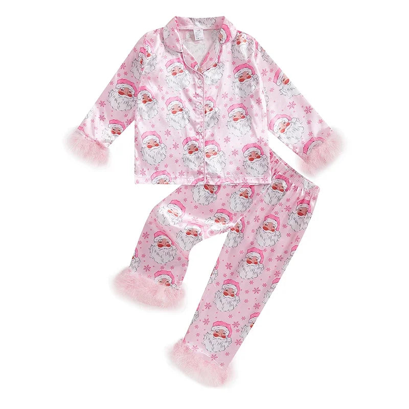Kids Christmas Pajama Set, Feather Trim Long Sleeve Shirt & Pants (1-9Y)