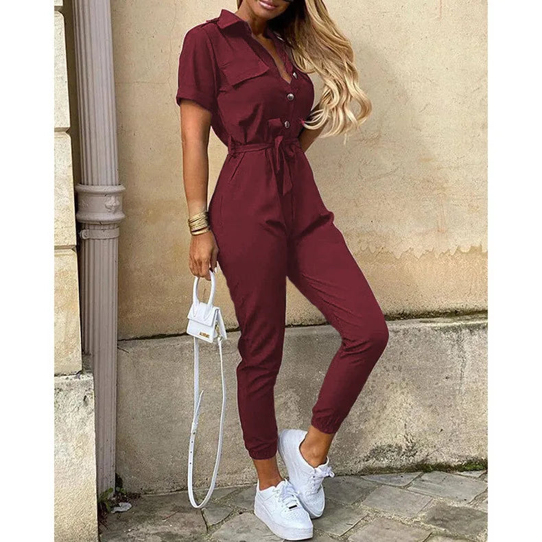 Women’s Monochromatic Belt Jumpsuit, Casual Pants, Flip Collar, Buckle, Summer