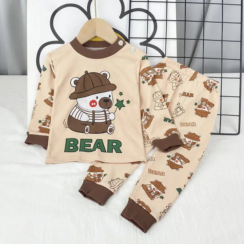 Kids Pajama Set, Cartoon Print Long Sleeve T-Shirt & Pants