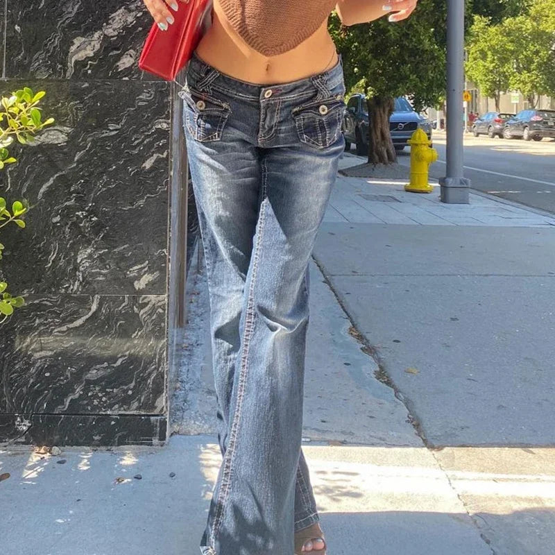 Y2K Flare Low Rise Jeans, Baggy Denim Bell Bottoms for Girls