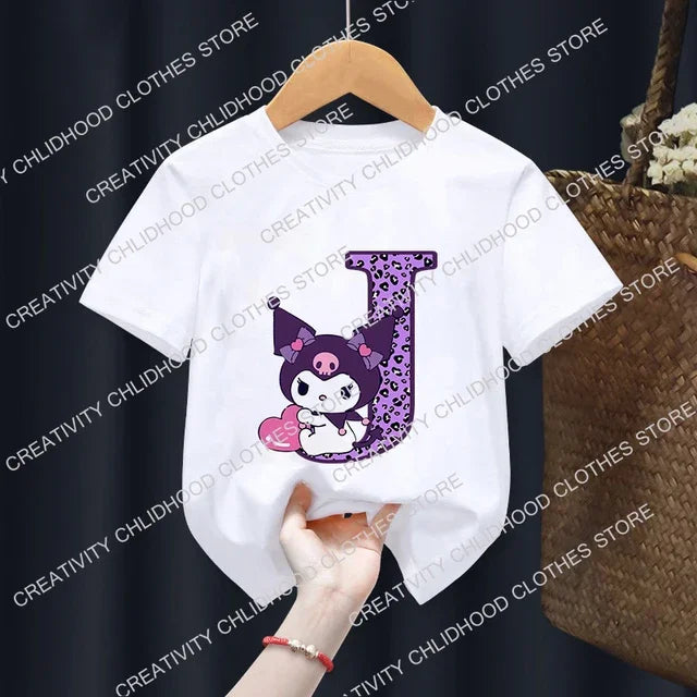 Children’s Cartoon T-Shirt, Letter A-D Anime Kawaii Top, Casual Short Sleeve