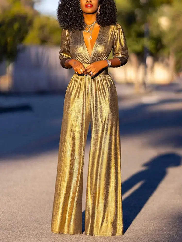 Freeacy V-Neck High Waist Jumpsuit, Summer Wide Leg Overalls, Three-Quarter Sleeves