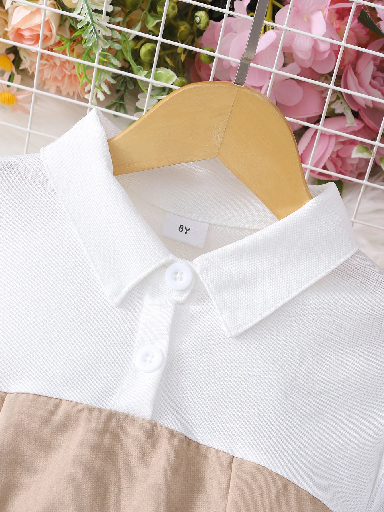 Girls' long sleeved lapel button patchwork contrasting dress