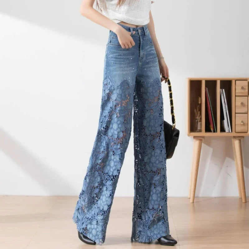 High Waist Lace Patchwork Jeans, Oversized Loose Casual Pants for Women