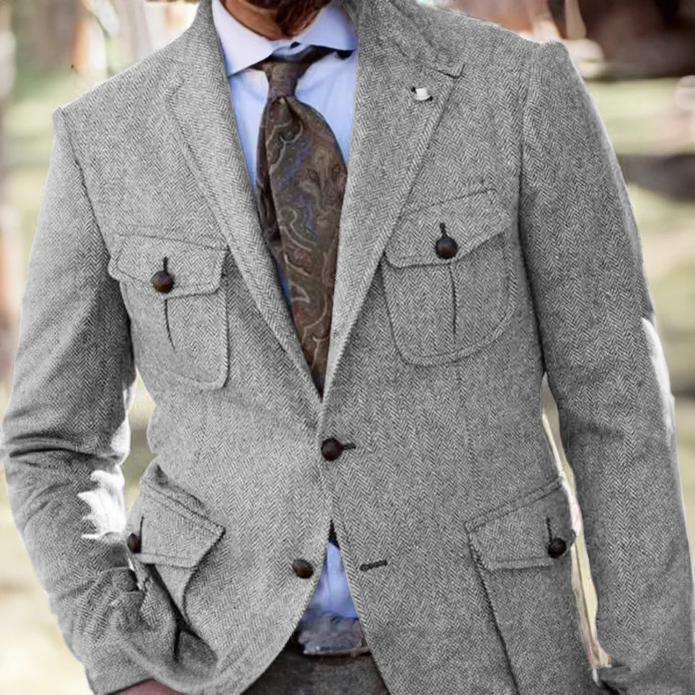 Men's Retro Herringbone Blazer Formal Wool Steampunk Jacket for Office Wear