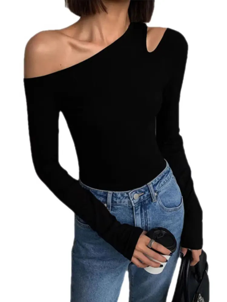 Skew Collar Off-Shoulder T-shirt, Slim Fit Crop Top, Sexy Hollow Out Tee