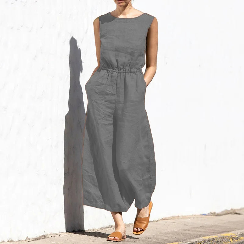 Summer Solid Color High Waist Women’s Casual Jumpsuit, O-Neck, Elegant Holiday Romper