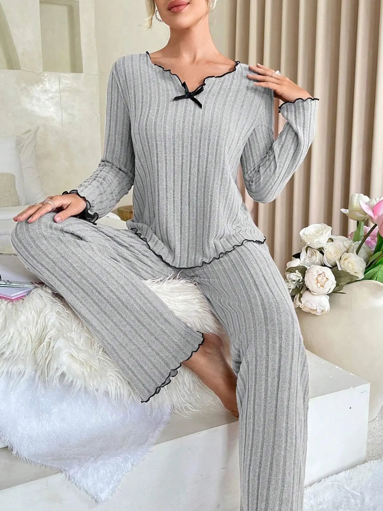 Women’s Autumn Winter Ribbed Pajama Set – Long Sleeve Top & Pants