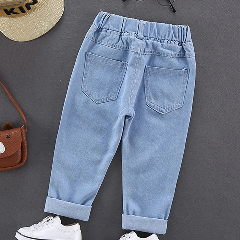 Spring Autumn Kids Boys Stretch Denim Jeans, Cotton Splice Ripped Pants