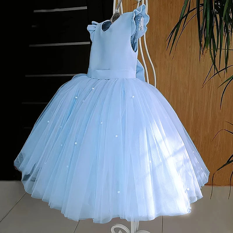 Toddler Girl Flower Tulle Dress, Backless Bow Wedding Gown, Princess Party Dress for Baby Girls