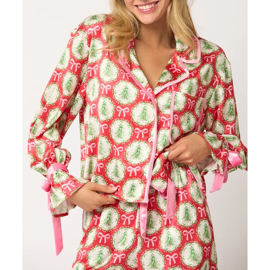 Women’s Christmas Pajama Set, Santa/Tree Print Button-Up Top & Shorts