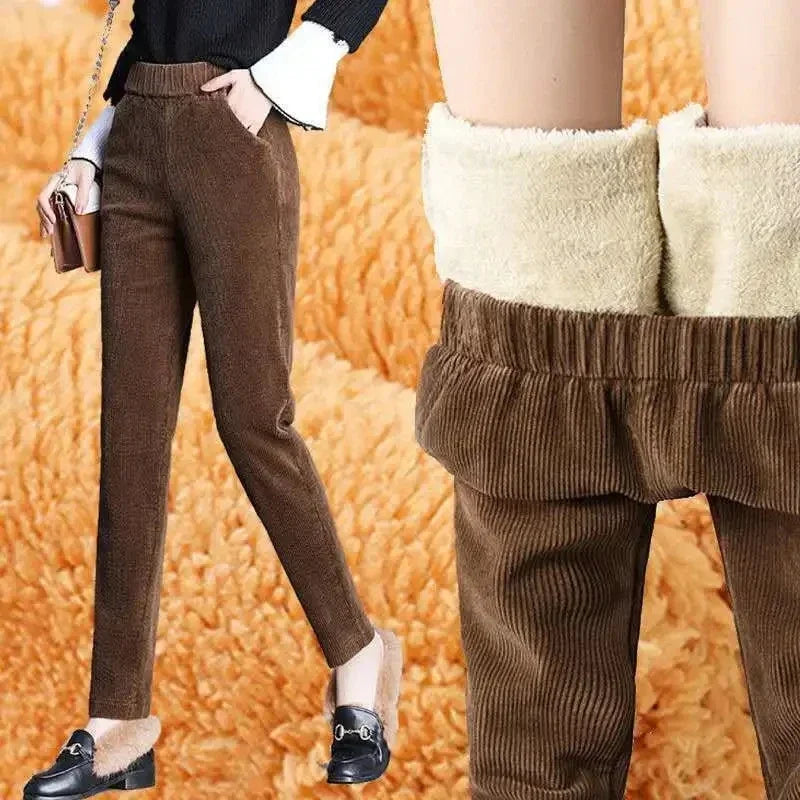 Women’s Corduroy Warm Pants, High Waist Plush Harem Trousers