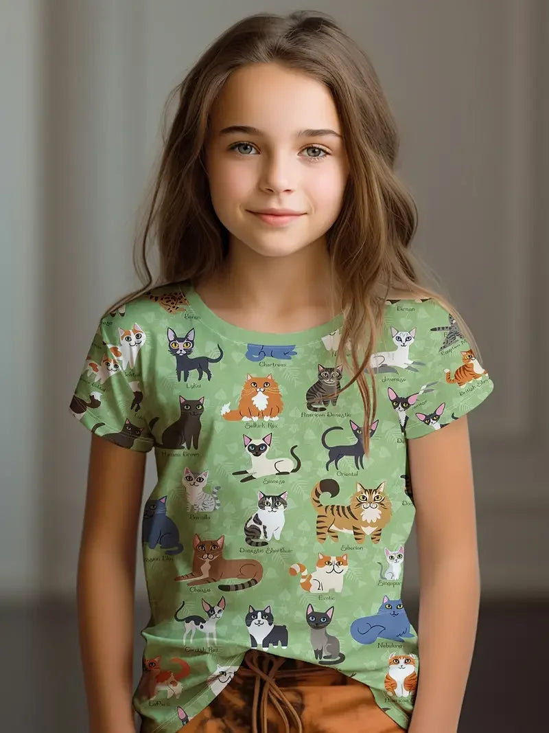 Kids T-Shirt, Cartoon Cat Kawaii Short Sleeve Top, Girls Summer Clothes
