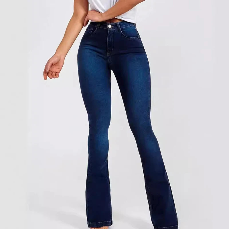 Spring new high-waisted slim-fit stretch bell-bottomed jeans for women