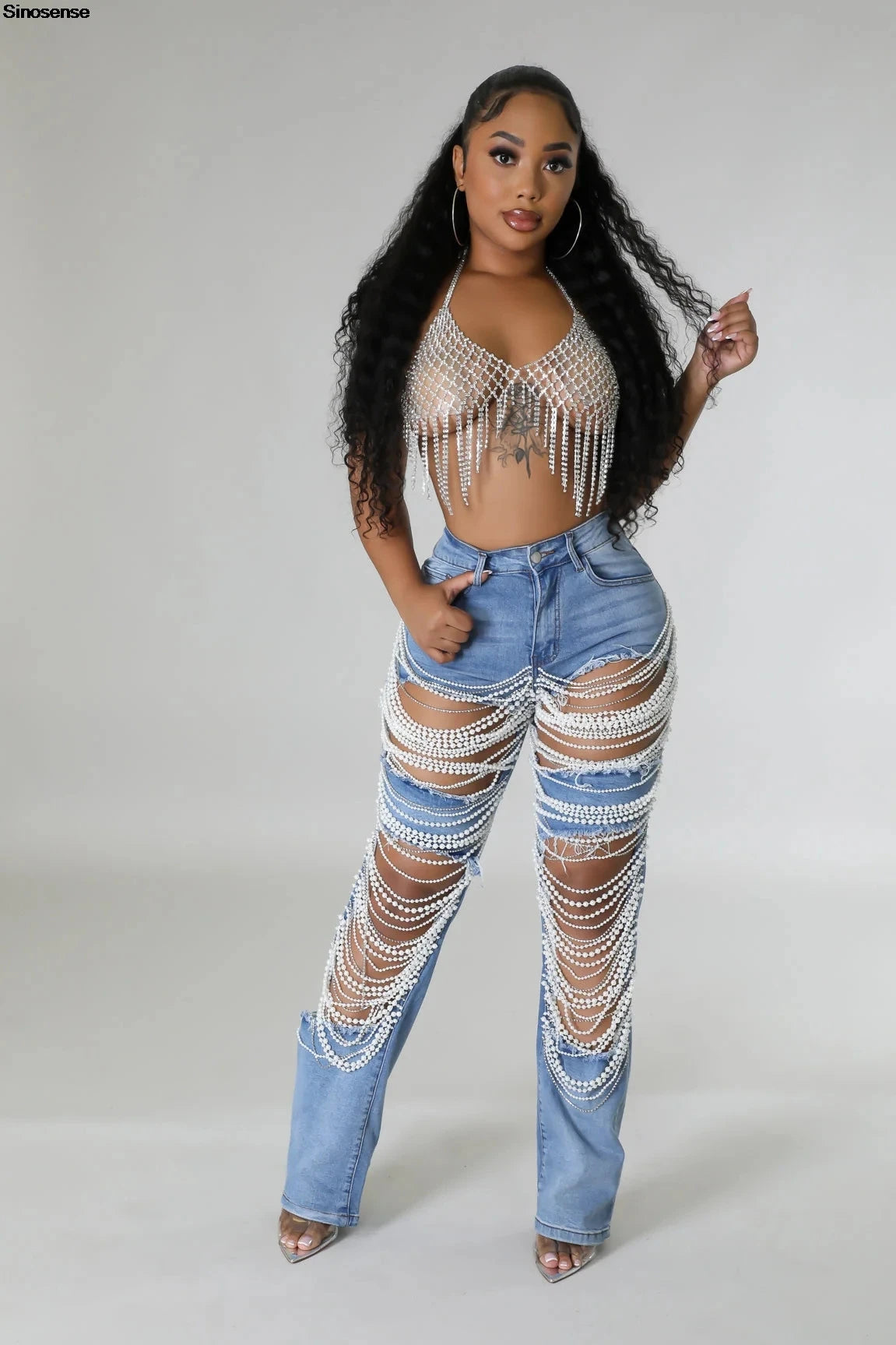 Ripped Denim Pants, Pearl Rhinestones Chain Distressed Skinny Jeans for Women