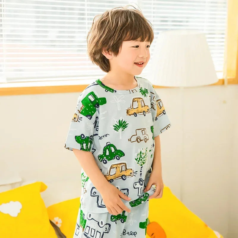 2-10 Years Kids PJs, Cotton Summer Pajama Set for Boys & Girls, Short Sleeves Sleepwear