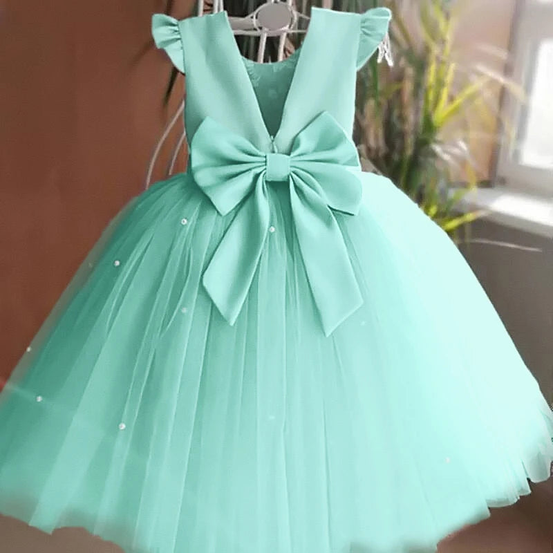 Toddler Girl Flower Tulle Dress, Backless Bow Wedding Gown, Princess Party Dress for Baby Girls