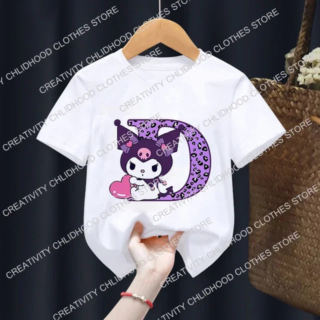 Children’s Cartoon T-Shirt, Letter A-D Anime Kawaii Top, Casual Short Sleeve