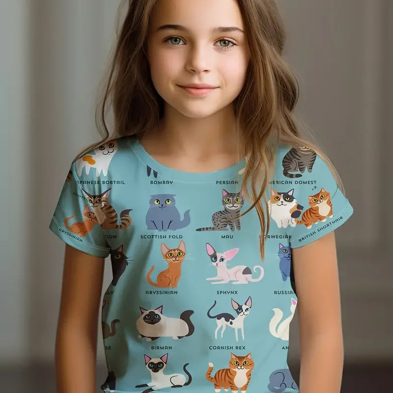 Kids T-Shirt, Cartoon Cat Kawaii Short Sleeve Top, Girls Summer Clothes