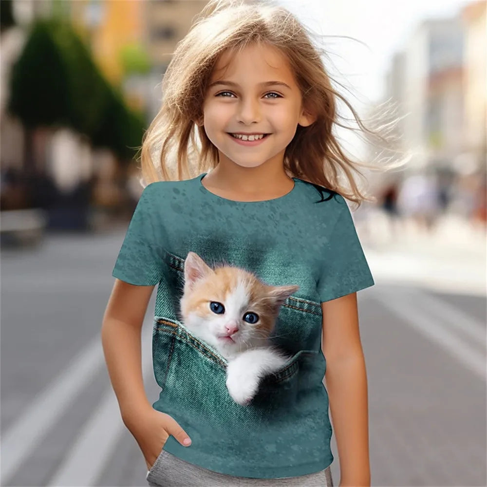 Girl's 3D Cat Print T-Shirt, Short Sleeve Summer Top, Casual Kids Clothing