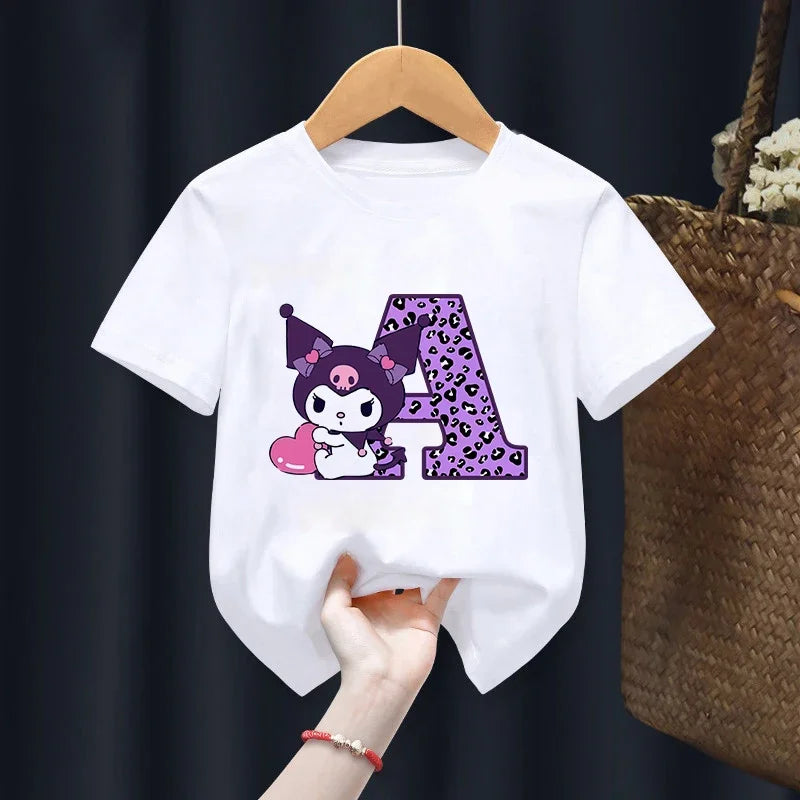 Children’s Cartoon T-Shirt, Letter A-D Anime Kawaii Top, Casual Short Sleeve