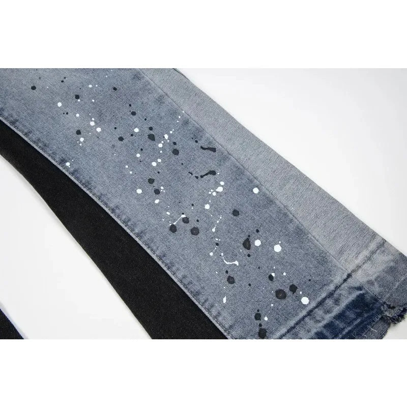 Retro Washed Spliced Denim Loose Straight Micro-Flared Jeans
