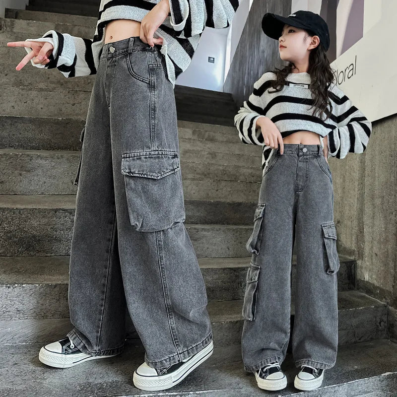 Multi-Pocket Denim Cargo Pants for Girls (6-14Y) – Spring Autumn Trousers