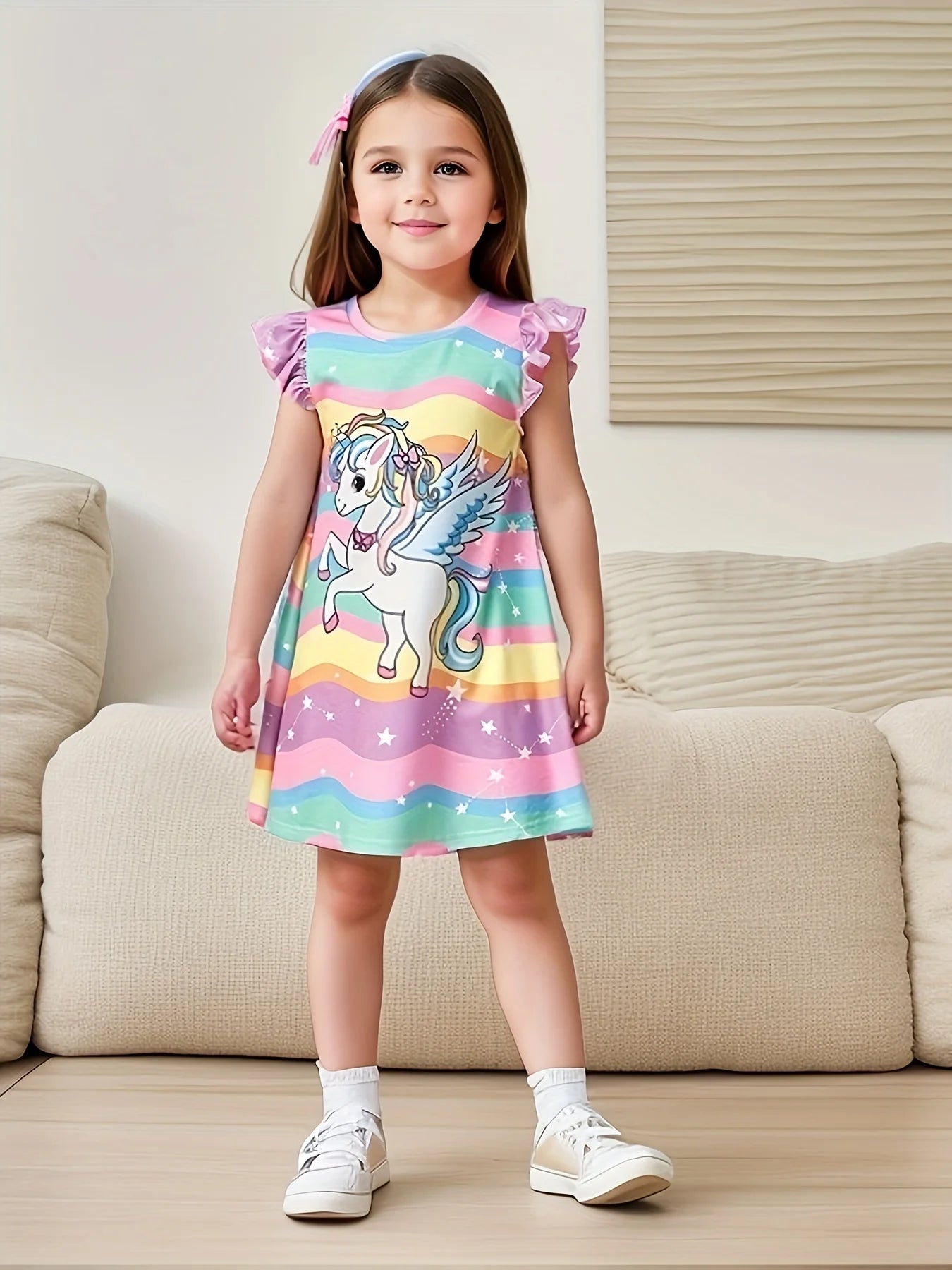 Girls Summer T-shirt Dress, Cute Small Flying Sleeve A-Line Dress, Fashionable Baby Clothing
