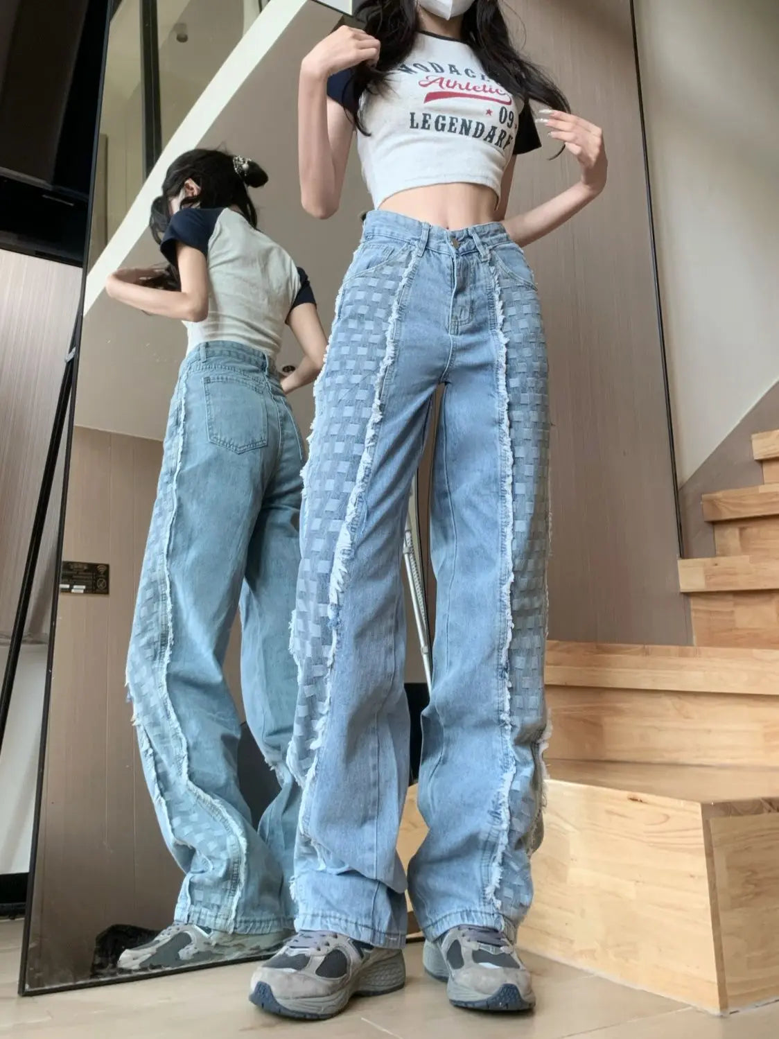 Plaid Splicing Straight Leg Jeans, High-Waisted Loose Pants for Women
