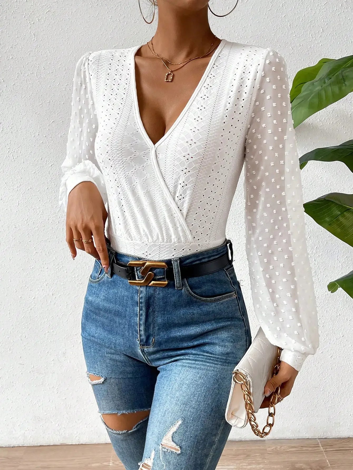 Elegant Women’s V-Neck Long Sleeve Cotton Embroidery Slim-Fit Jumpsuit