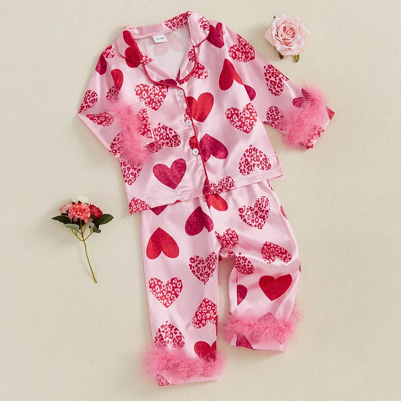 Kids Valentine's Pajama Set, Heart Print Long Sleeve Shirt & Pants with Feather Trim