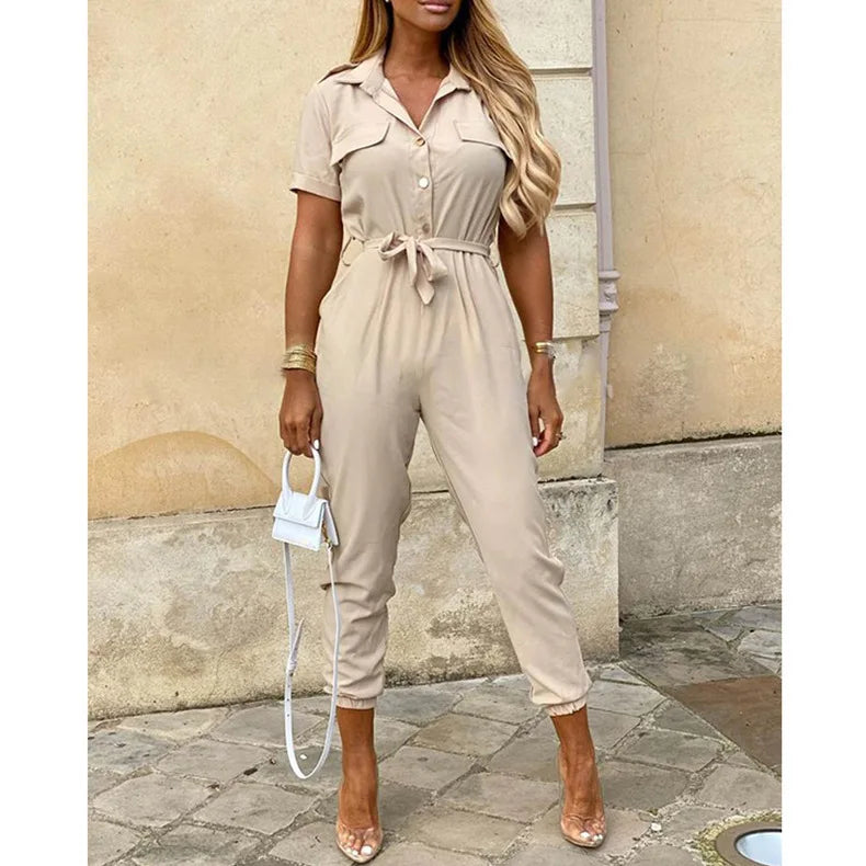 Women’s Monochromatic Belt Jumpsuit, Casual Pants, Flip Collar, Buckle, Summer