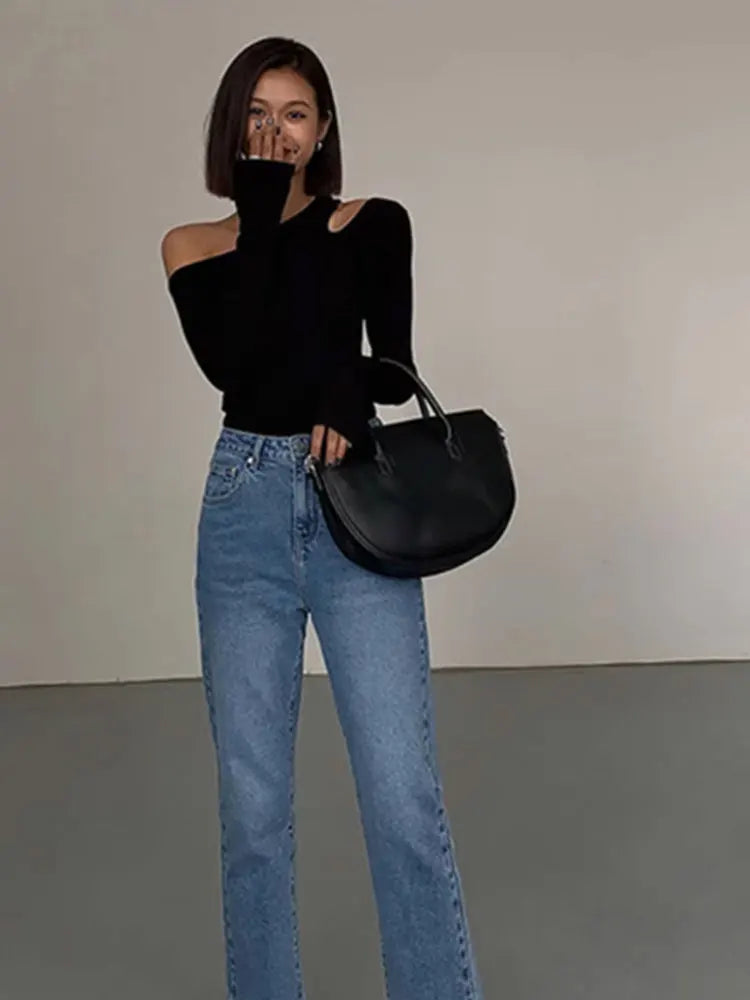 Skew Collar Off-Shoulder T-shirt, Slim Fit Crop Top, Sexy Hollow Out Tee