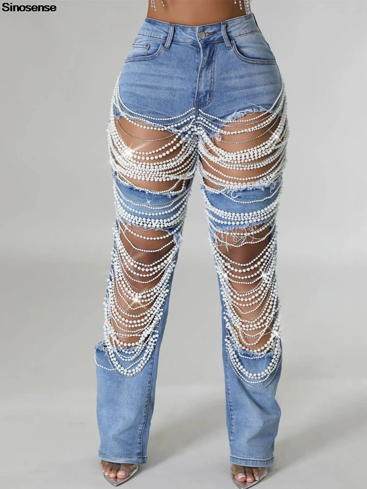 Ripped Denim Pants, Pearl Rhinestones Chain Distressed Skinny Jeans for Women