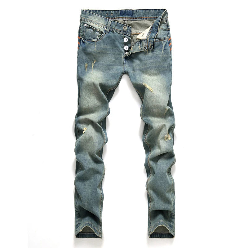 Casual Denim Jeans for Men Plus Size Straight Fit with Ripped Holes