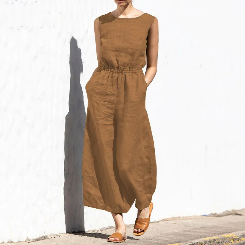 Summer Solid Color High Waist Women’s Casual Jumpsuit, O-Neck, Elegant Holiday Romper