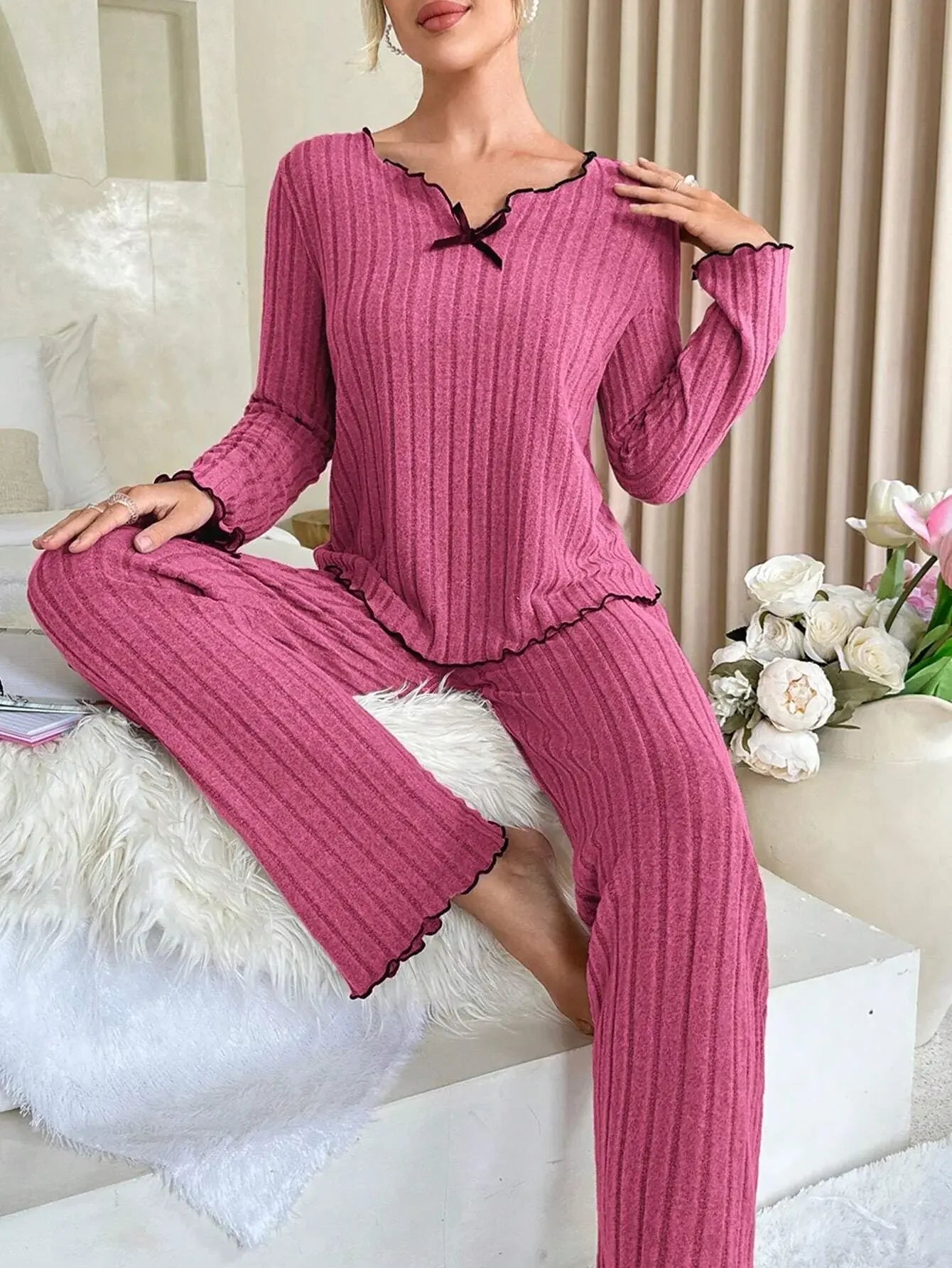 Women’s Autumn Winter Ribbed Pajama Set – Long Sleeve Top & Pants