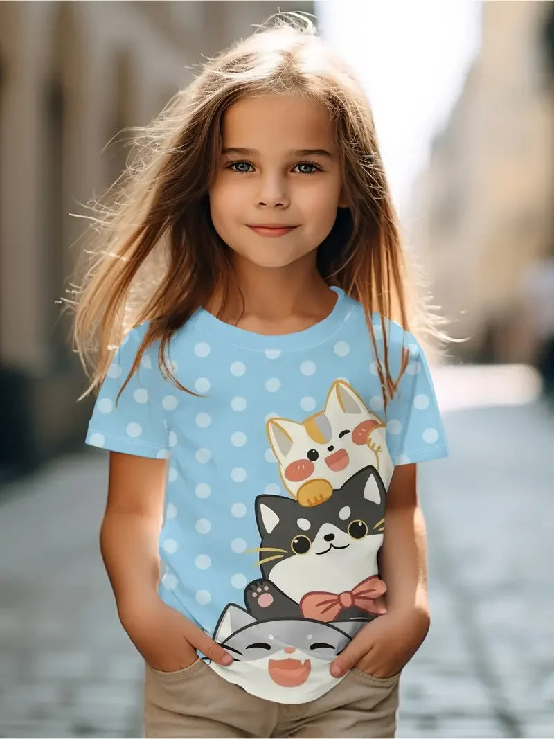Kids T-Shirt, Cartoon Cat Kawaii Short Sleeve Top, Girls Summer Clothes