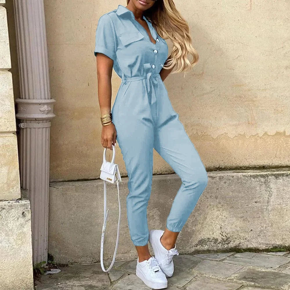 Women’s Monochromatic Belt Jumpsuit, Casual Pants, Flip Collar, Buckle, Summer